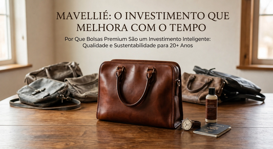  imagens com bolsas de couro em cima da mesa com objetos e acessórios com um texto sobre investimento